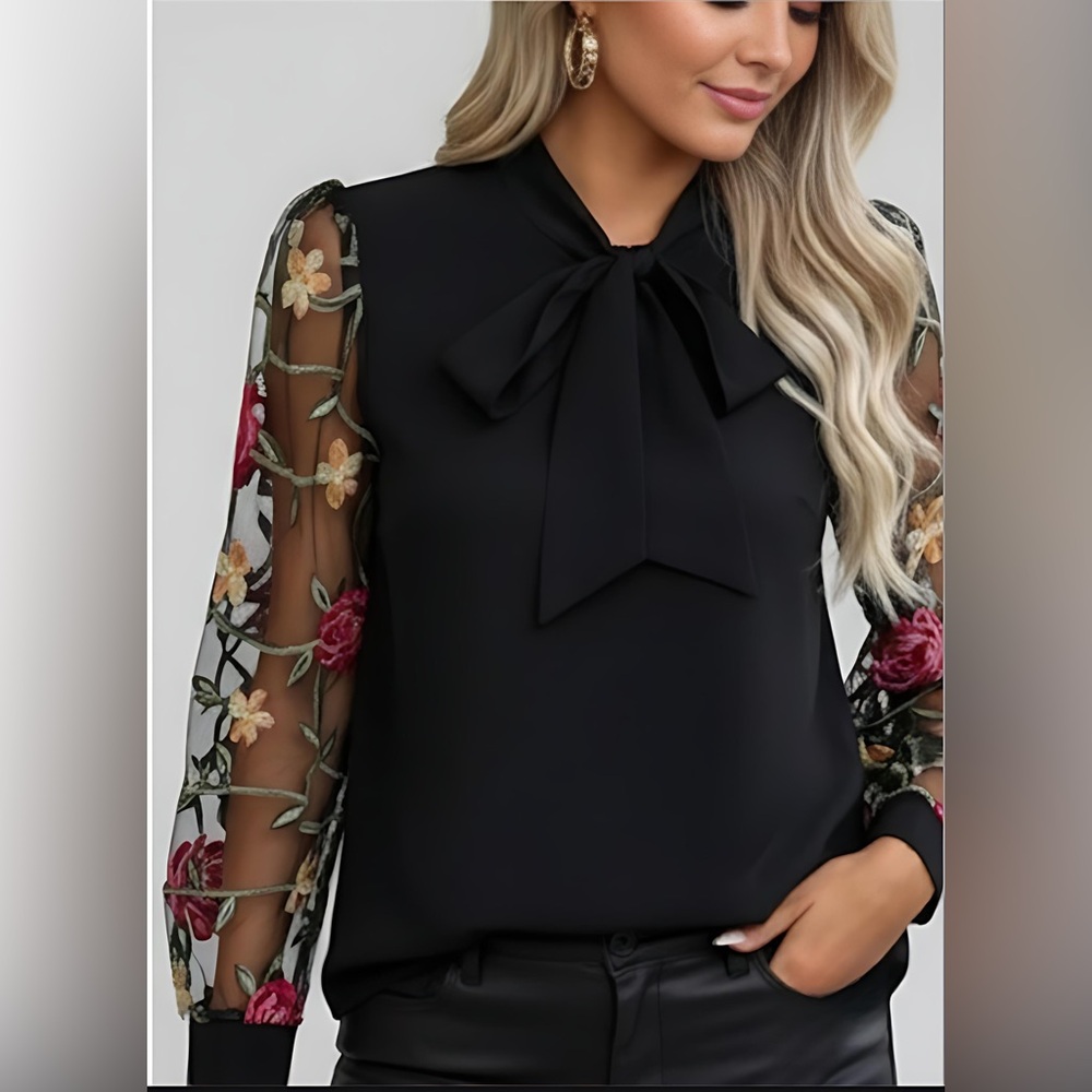 LAST ONE 🔥 Floral Embroidery Mesh Sleeve Tie Neck Blouse Black - Picture 2 of 8